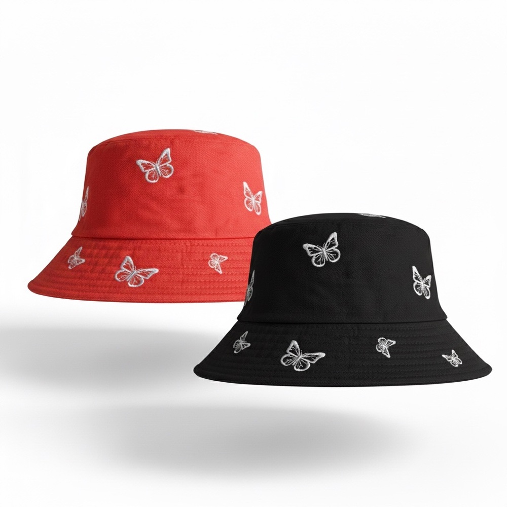 Butterfly Embroidered Bucket Hats Set of 2 Packable Beach Hats Travel Girls O/S